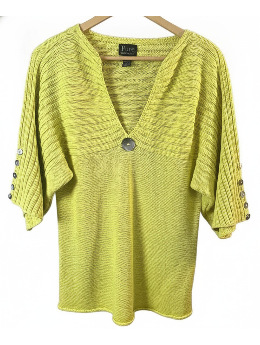 Pure Handknit Chartreuse Cotton Sweater S/M V Neck Dolman Sleeve Button Tunic